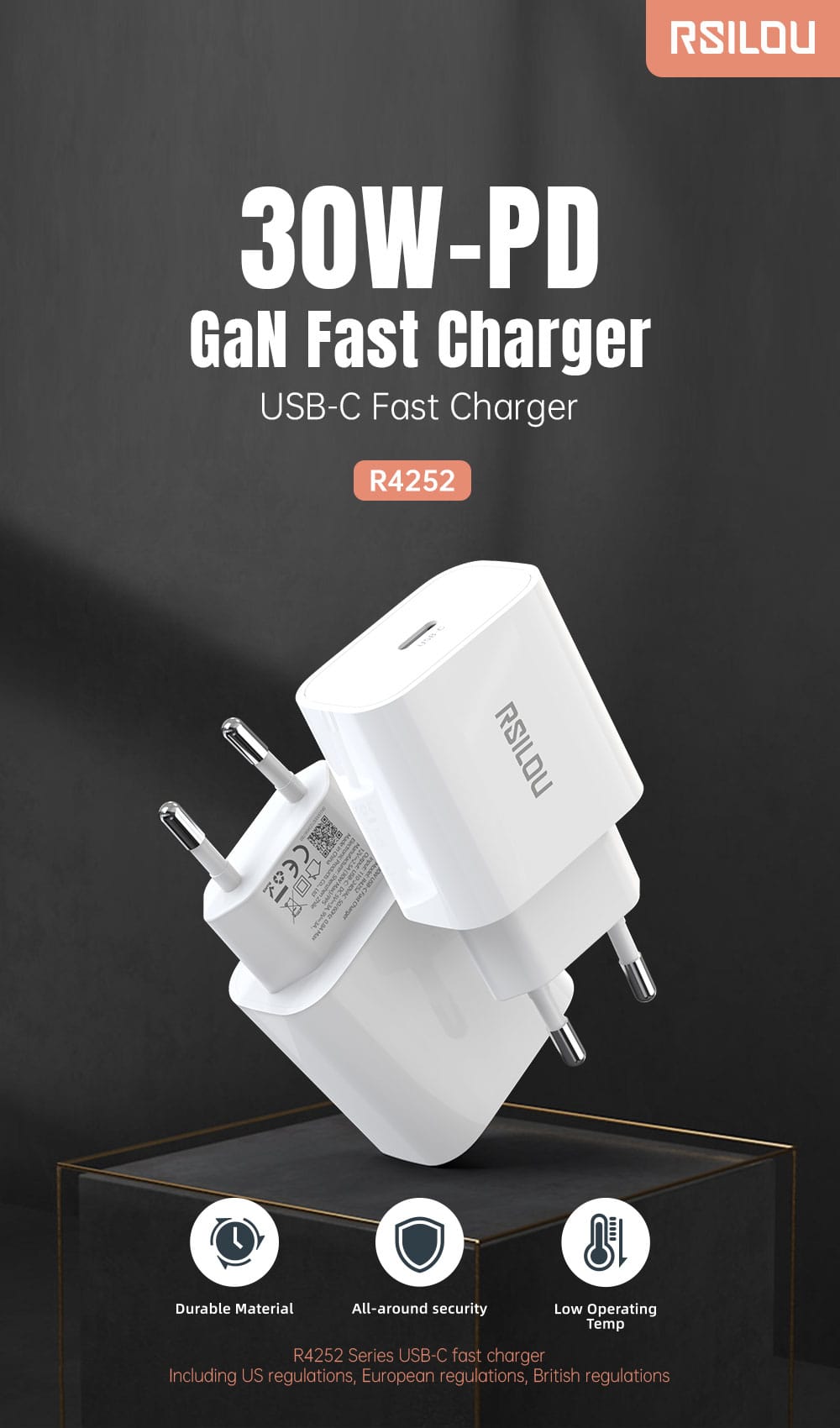 Rsilou R4252 Charger USB-C Super Fast, 30W, Power and Efficiency Redefined, GaN, PPS Support, Supports apple and all smartphones
