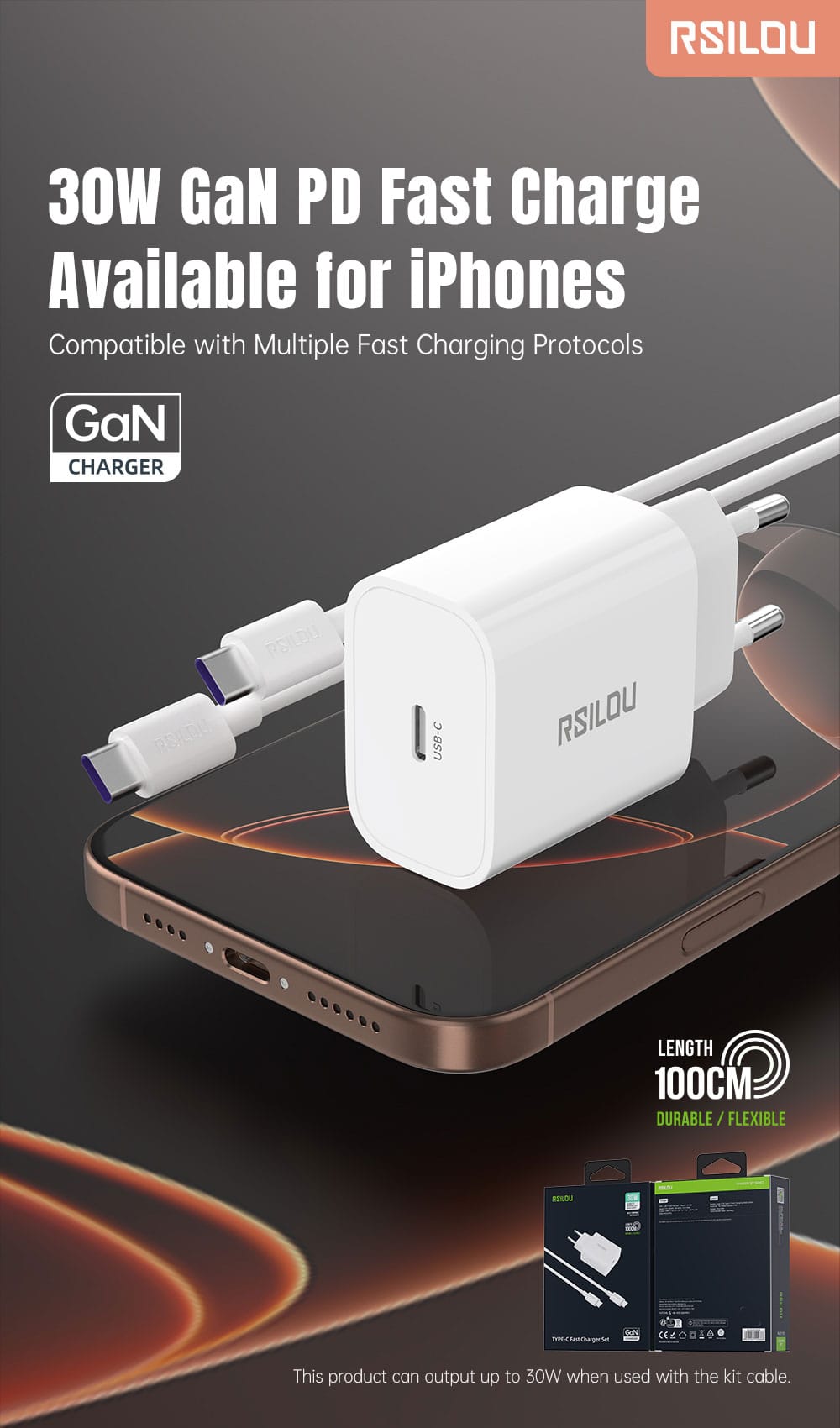 Rsilou R4252 Charger USB-C Super Fast, 30W, Power and Efficiency Redefined, GaN, PPS Support, Supports apple and all smartphones