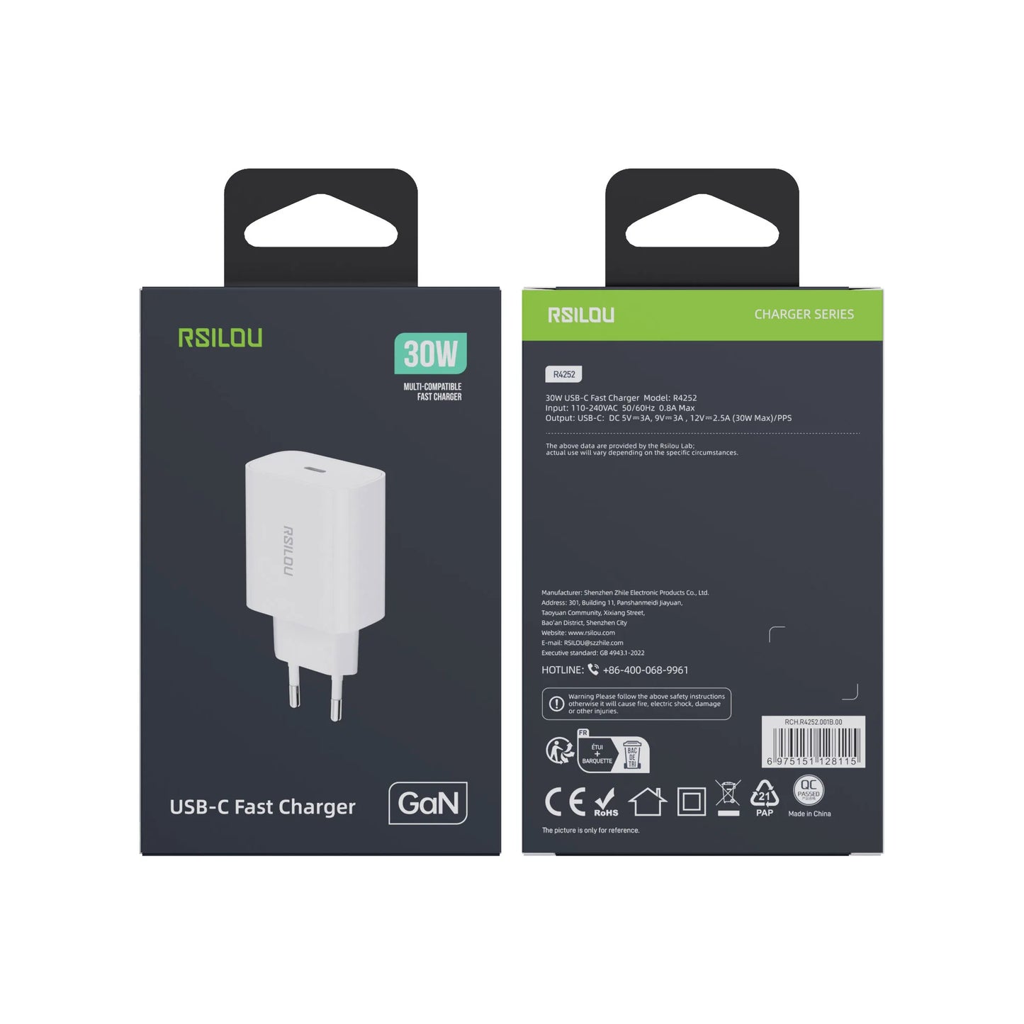 Rsilou R4252 Charger USB-C Super Fast, 30W, Power and Efficiency Redefined, GaN, PPS Support, Supports apple and all smartphones