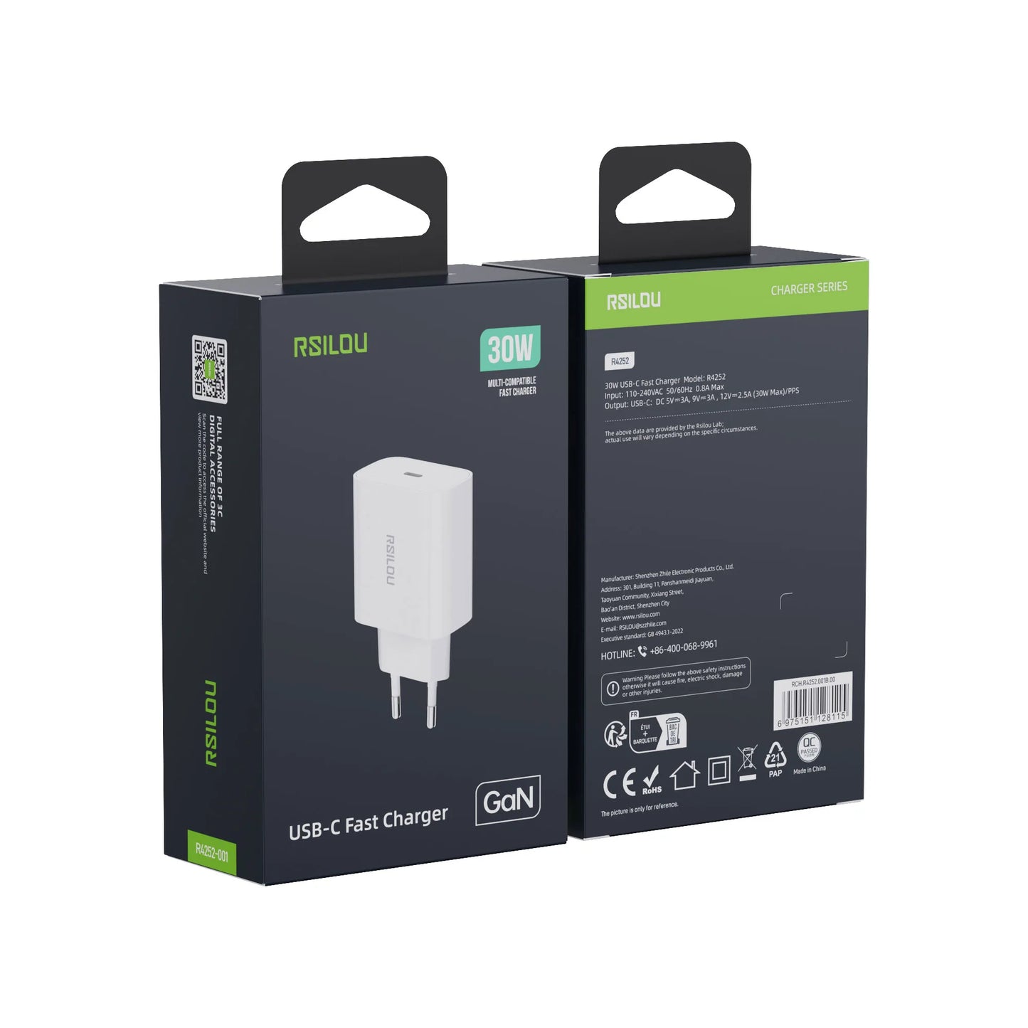 Rsilou R4252 Charger USB-C Super Fast, 30W, Power and Efficiency Redefined, GaN, PPS Support, Supports apple and all smartphones