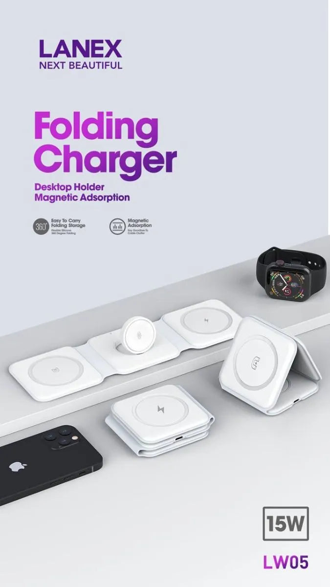 Lanex folding charger wireless 3in 1 Magnatic Charger LW05 15W compatible With Apple Watch Airpods all Mobile Support Wireless Charger