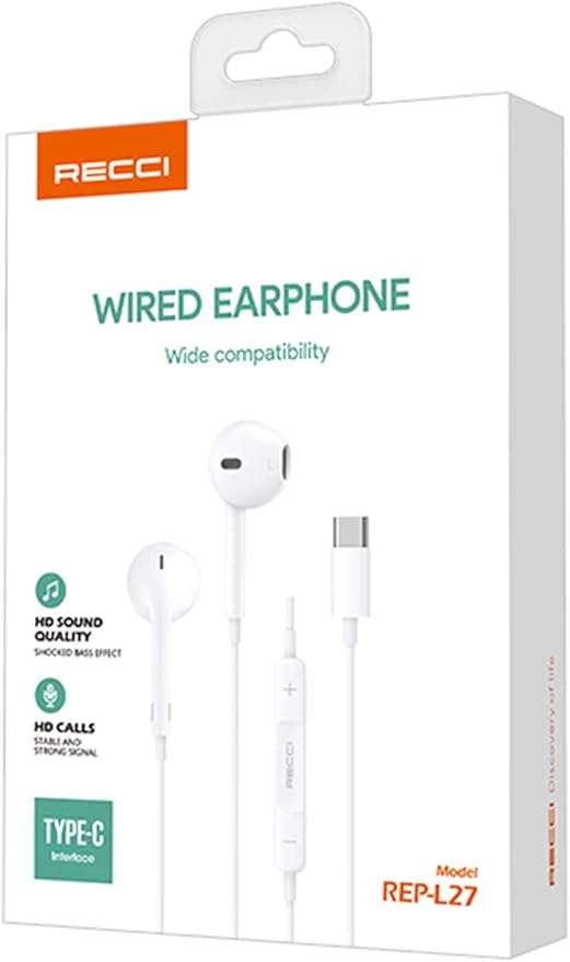 Recci REP-L27 Headphones Type-C In-Ear with Microphone - White