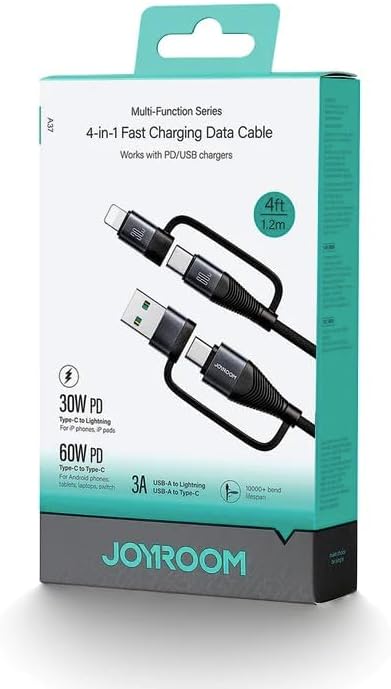Joyroom SA37 Multi-Function Series 60W 4-in-1 Fast Charging Data Cable USB-A+Type-C to Lightning+Type-C 1.2m