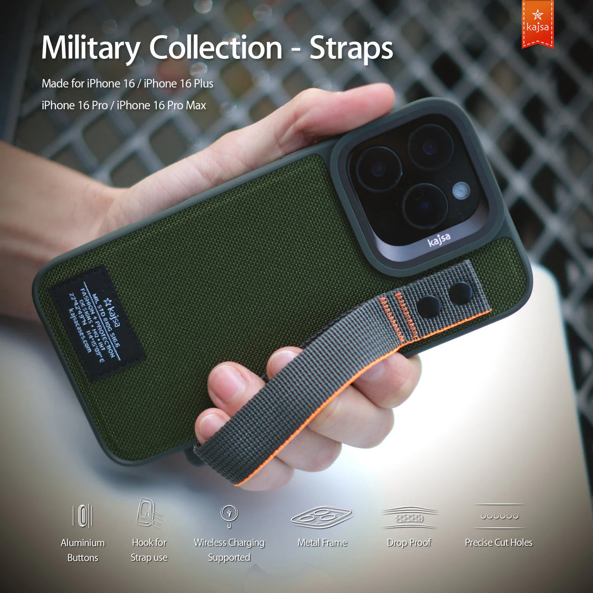 Kajsa Military Collection - Straps Back Case for iPhone 16 Pro Max 6.9 MagSafe Compatible