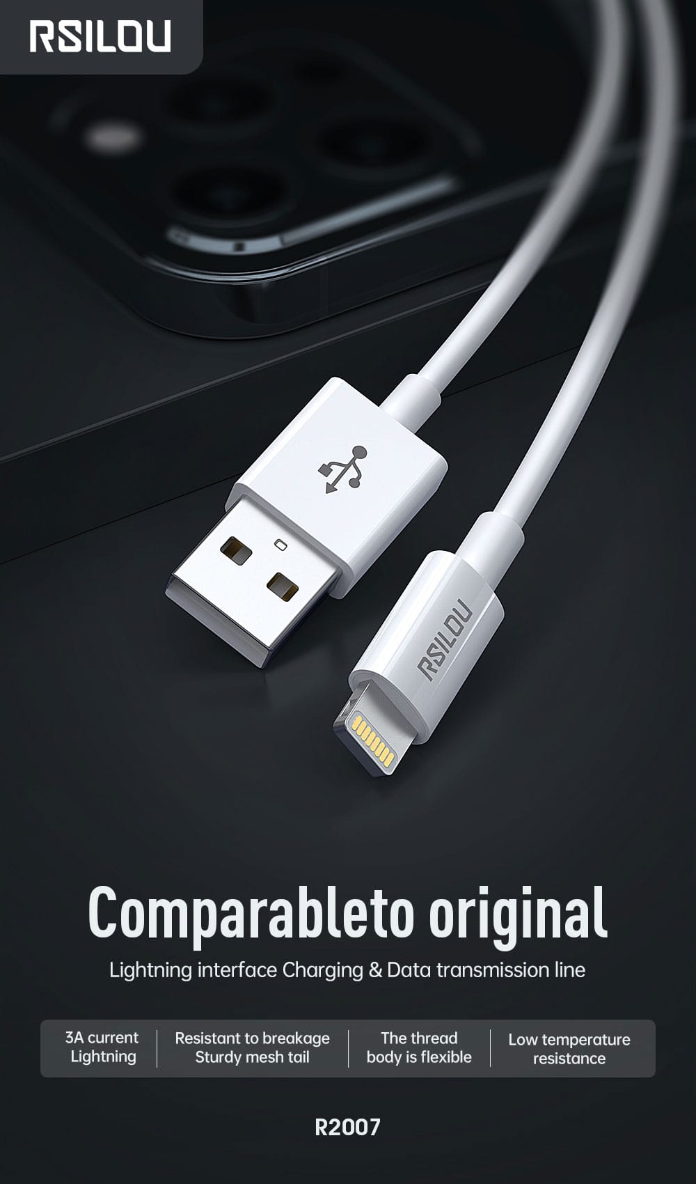 Rsilou Lighting to USB-A Cable, 1M, 3A, High Durability, charging and data cable, Transmission Copper Wires, Tangle and Entanglement free white | 12 month local warranty