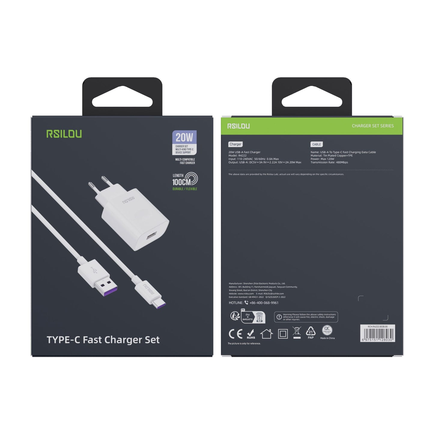 Rsilou R4222 Fast charger Set 20W and USB-A to USB-C cable,120W, 6A, 100CM, Durability, Flexible, charging and data cable, Braided 1M, Copper Wires speed Rate 480Mbps | 12 month local warranty