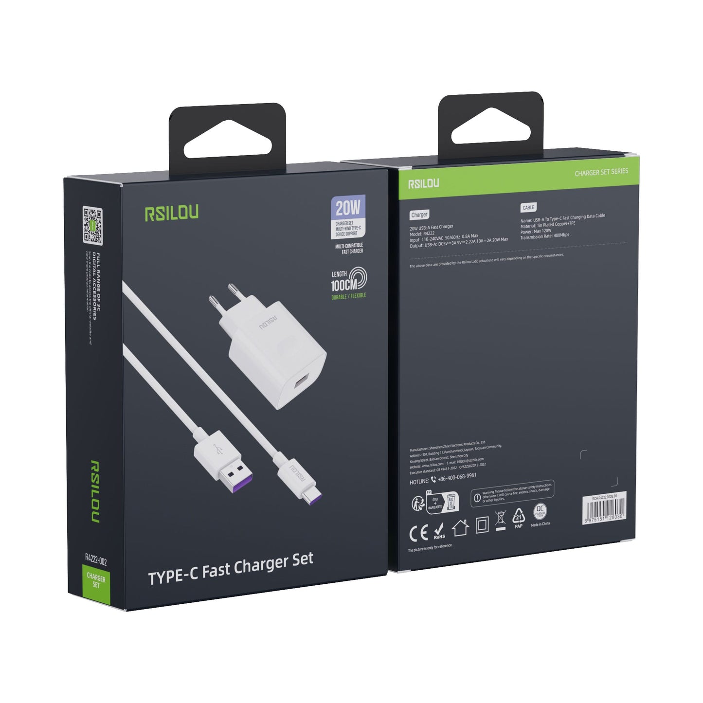 Rsilou R4222 Fast charger Set 20W and USB-A to USB-C cable,120W, 6A, 100CM, Durability, Flexible, charging and data cable, Braided 1M, Copper Wires speed Rate 480Mbps | 12 month local warranty