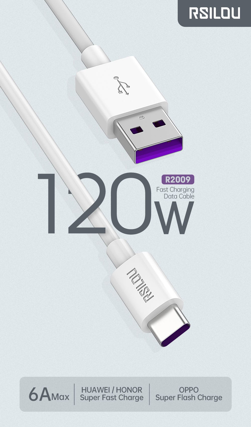 Rsilou USB-C to USB-A Cable, 120W, High Durability and flexible, Fast charging and data cable, 1M, 3A, Transmission Copper 163 Wires, Tangle and Entanglement free white | 12 month local warranty