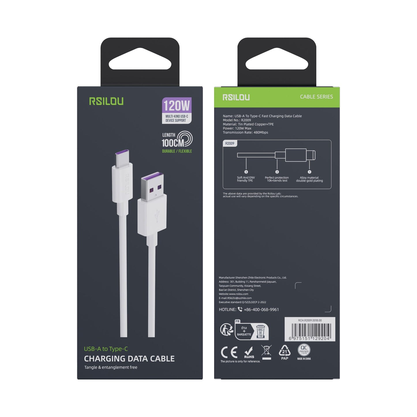 Rsilou USB-C to USB-A Cable, 120W, High Durability and flexible, Fast charging and data cable, 1M, 3A, Transmission Copper 163 Wires, Tangle and Entanglement free white | 12 month local warranty