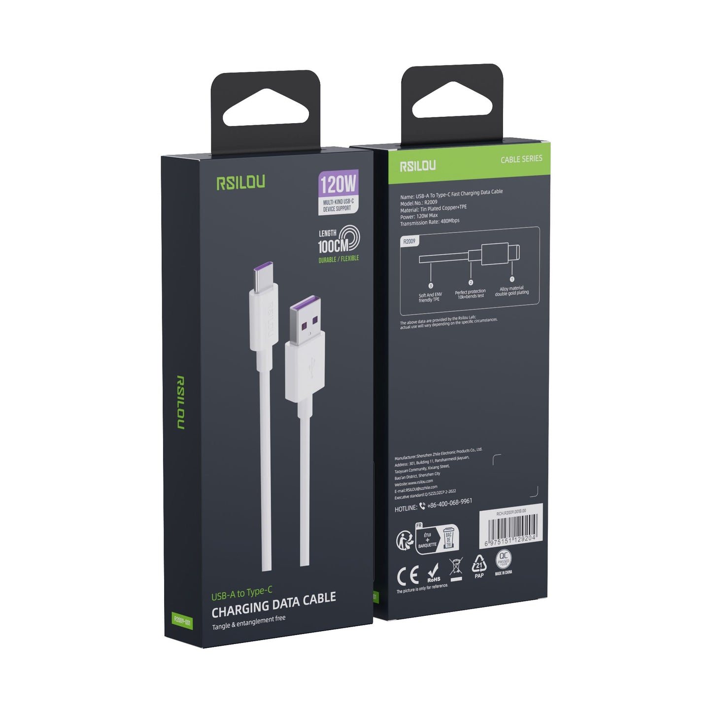 Rsilou USB-C to USB-A Cable, 120W, High Durability and flexible, Fast charging and data cable, 1M, 3A, Transmission Copper 163 Wires, Tangle and Entanglement free white | 12 month local warranty