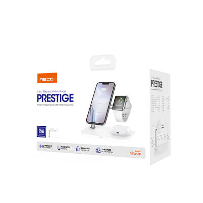 Recci RCW-20 Prestige Series 3in1 Magsafe 15W Magnetic Wireless Charging Stand with Fast Charging Feature